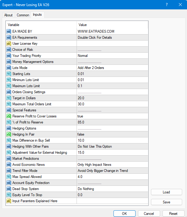 forex never losing ea version 25 input parameters.