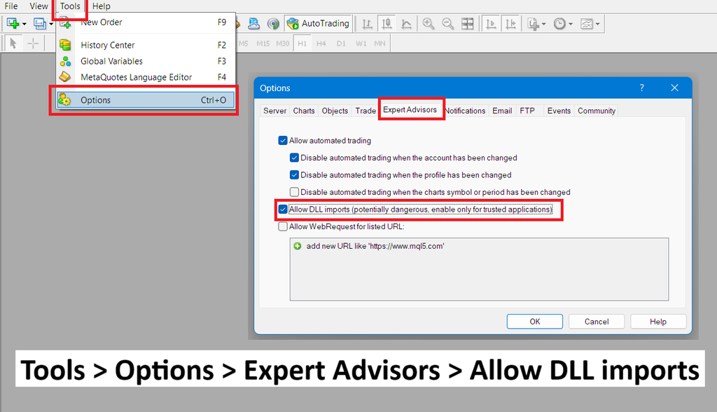 How to enable Allow DLL imports in MT4 or MT5