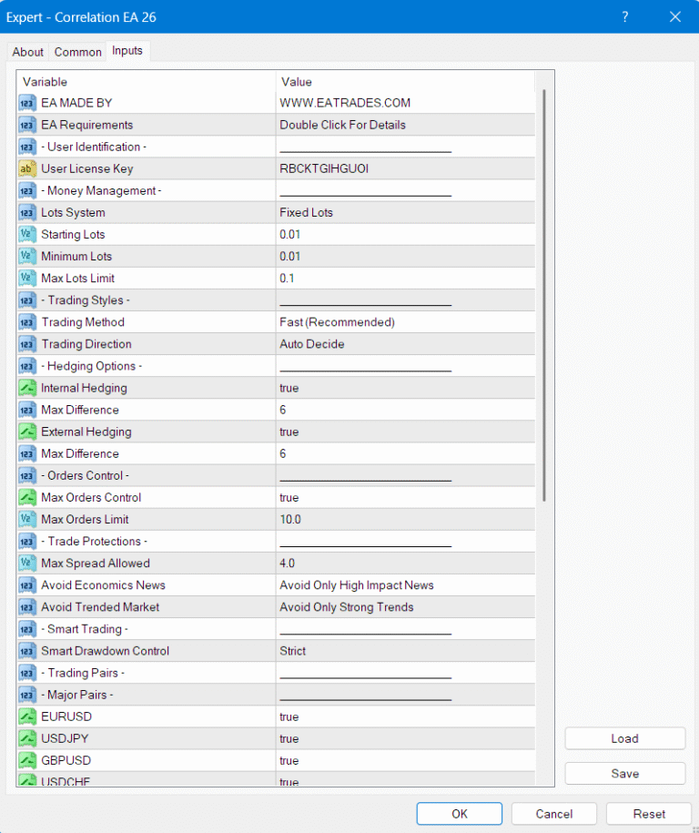 Forex Correlation EA V26 Input Parameters Detials
