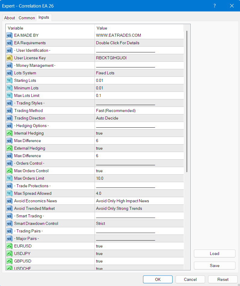 Forex Correlation EA V26 Input Parameters
